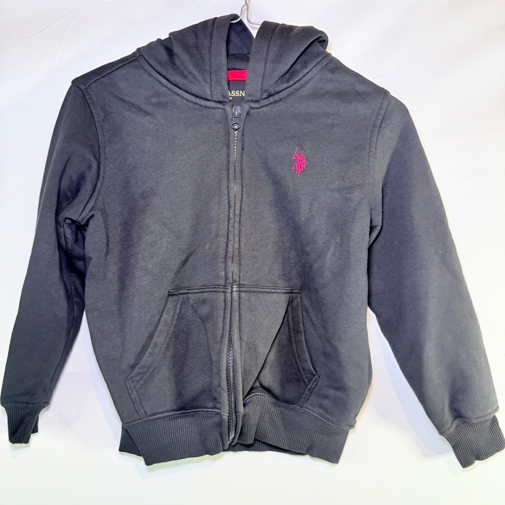 US Polo Assn Kids Black Full Zip Hoodie Pink Logo XS 4-5 Sweatshirt